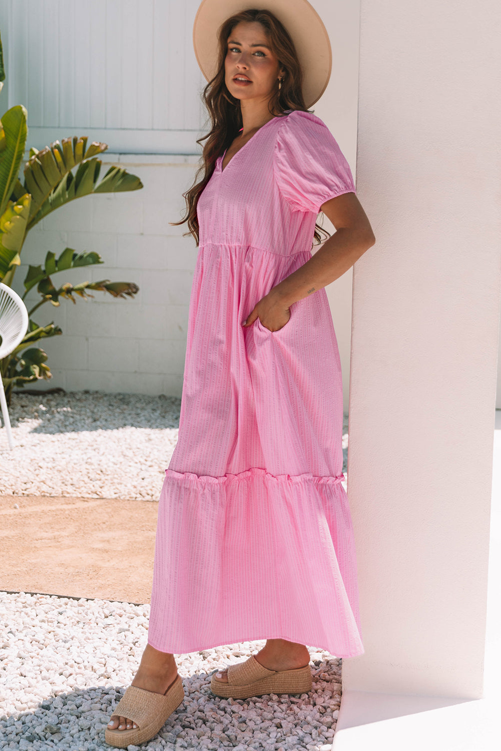 V-Neck Puff Short-Sleeved Maxi Dress