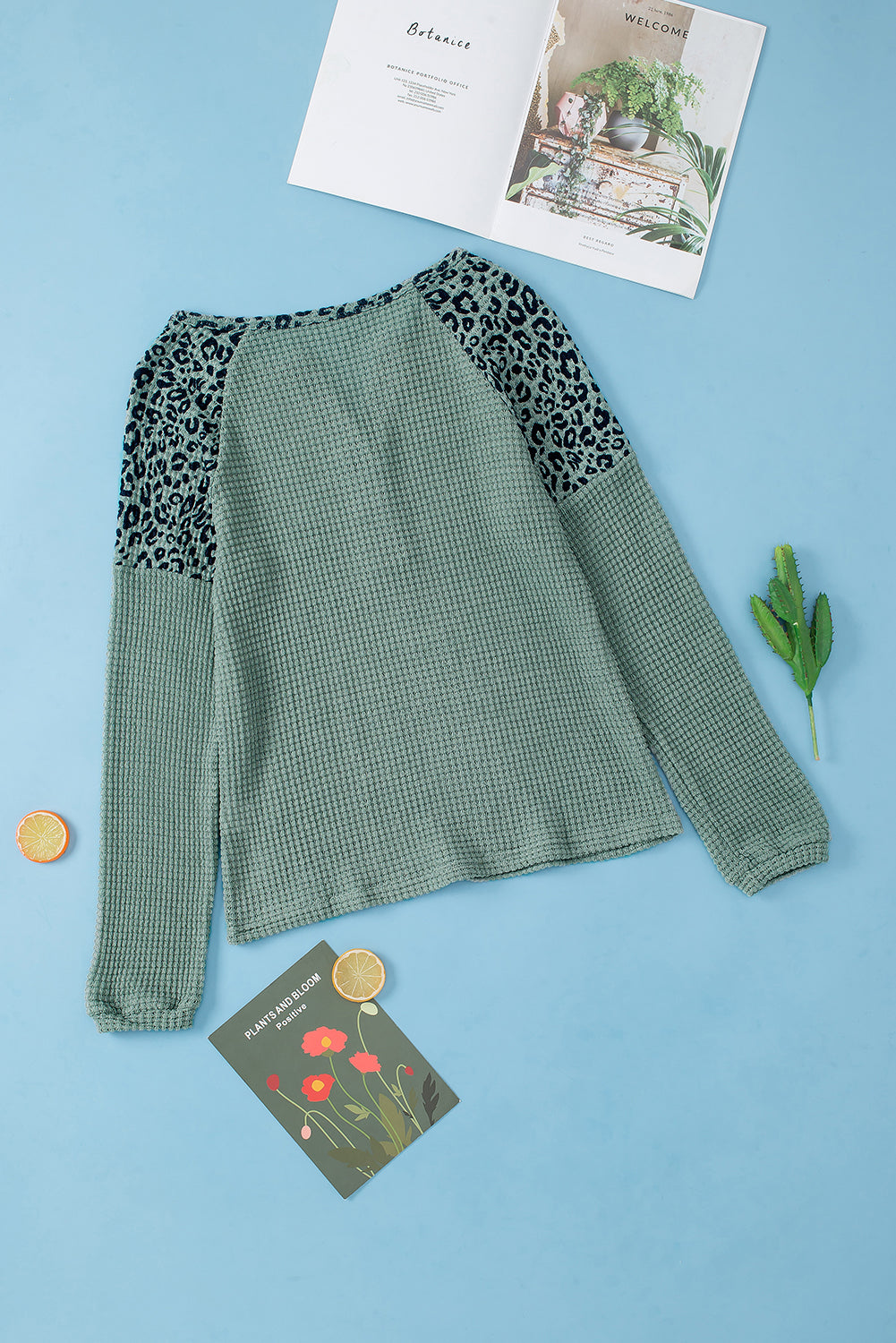 Blouse for Women Leopard-Print Waffle Knitted V Neck