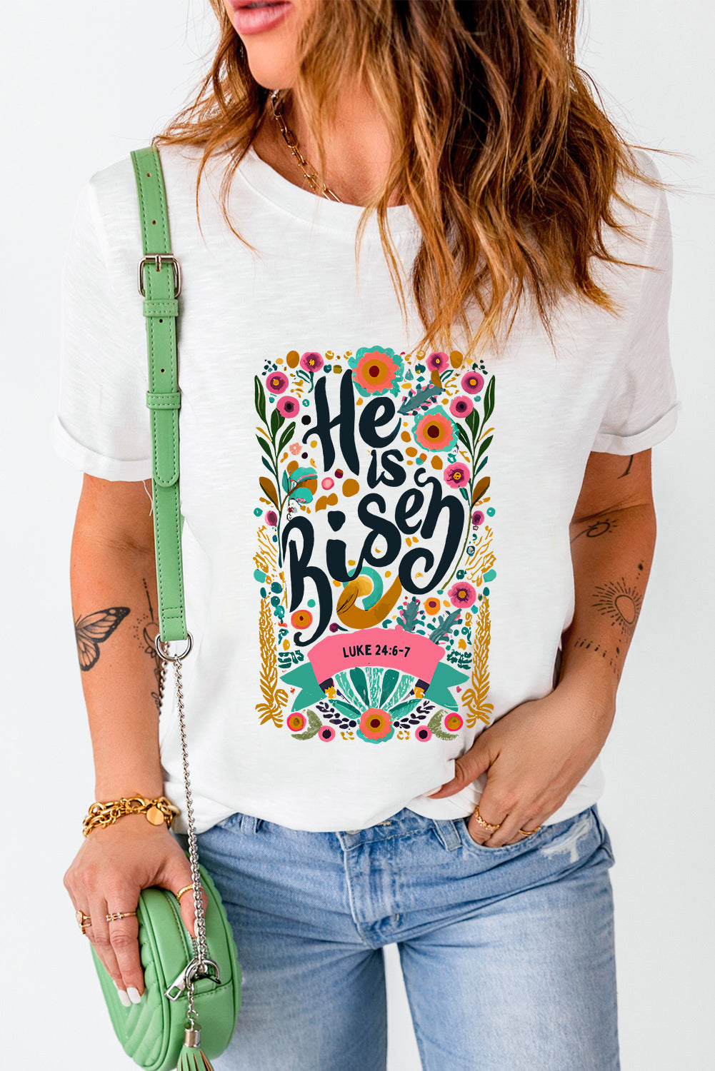 Women's T Shirt Featuring He Is Risen Floral-Print Print Round Neck