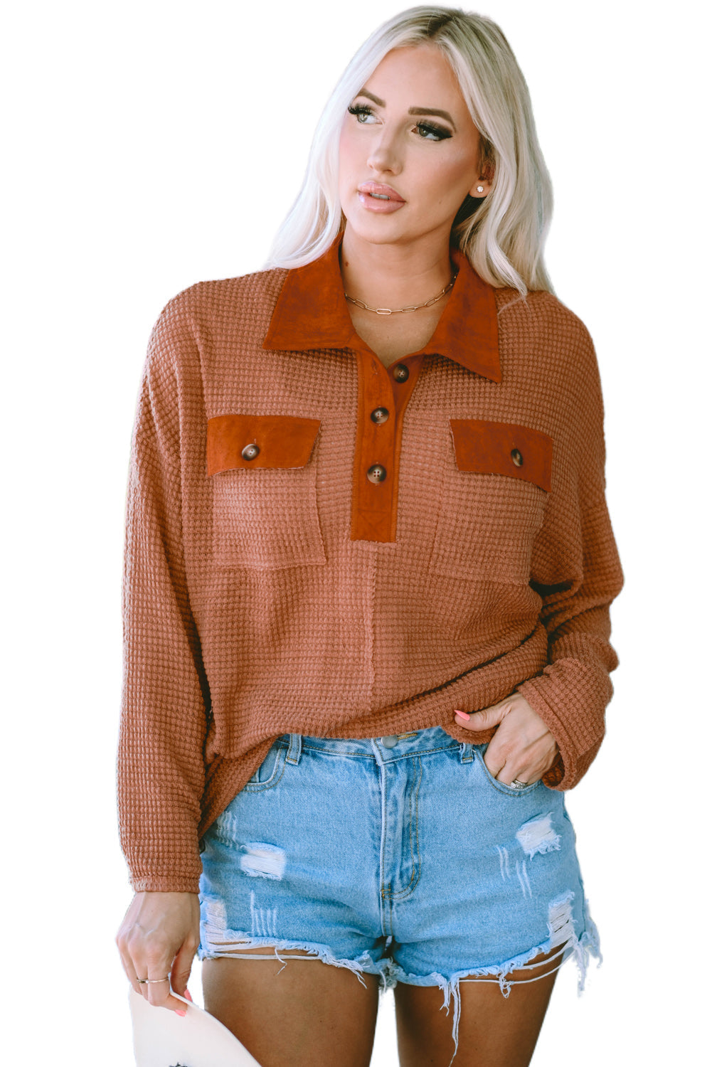 Women's Waffle Knitted Trim Long-Sleeve Top