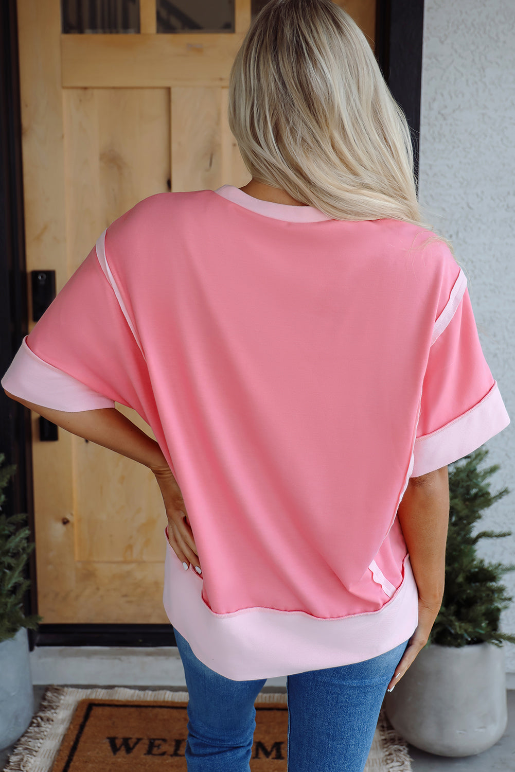 Pink Half Sleeve Raw Seam High Low Side Split Top