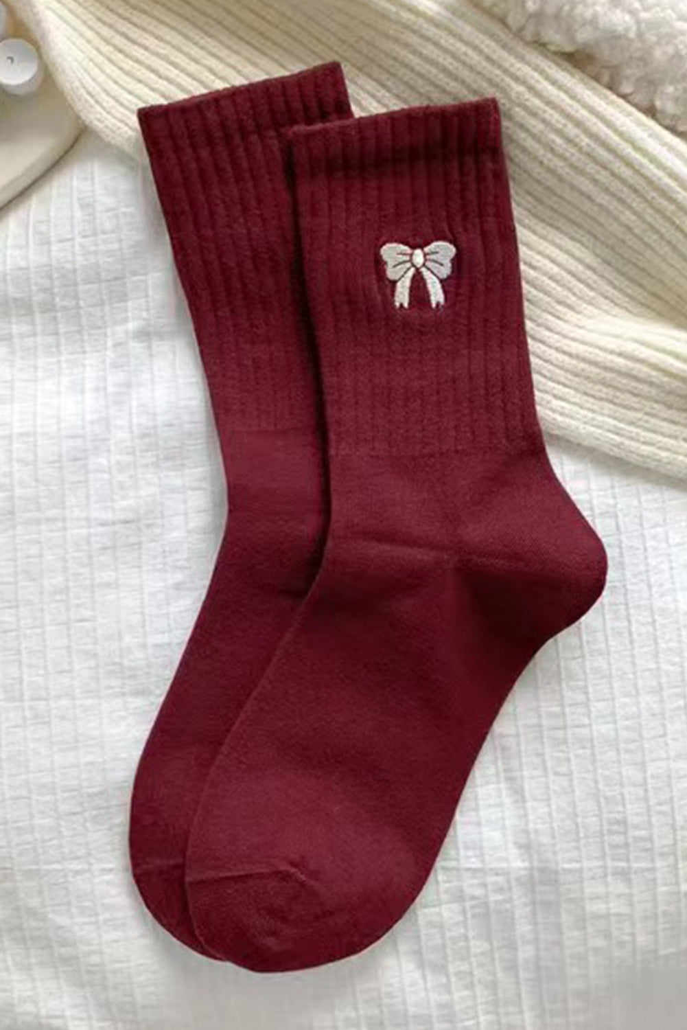 Embroidered Bowknot Rib-Knit Crew Socks