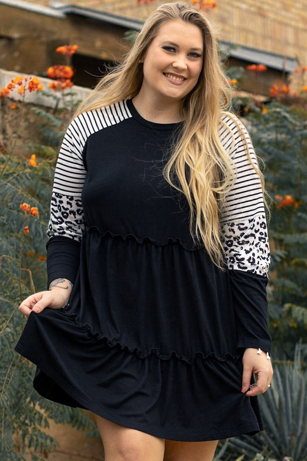 Women's Dress Featuring Striped Layered Plus Size