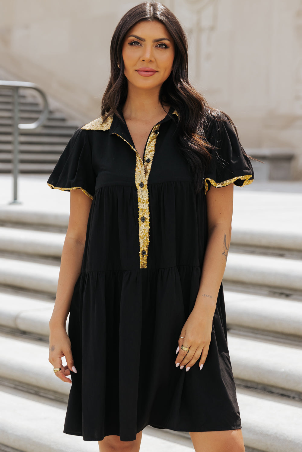 Women's Bubble Sleeve Sequin Trim Shirt Dress