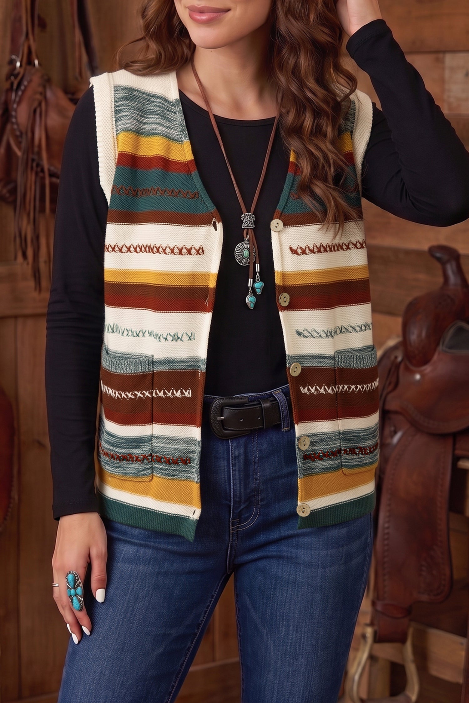 Striped Button Front Sleeveless Knit Timeless Fit Knit Top Vest in Multicolour