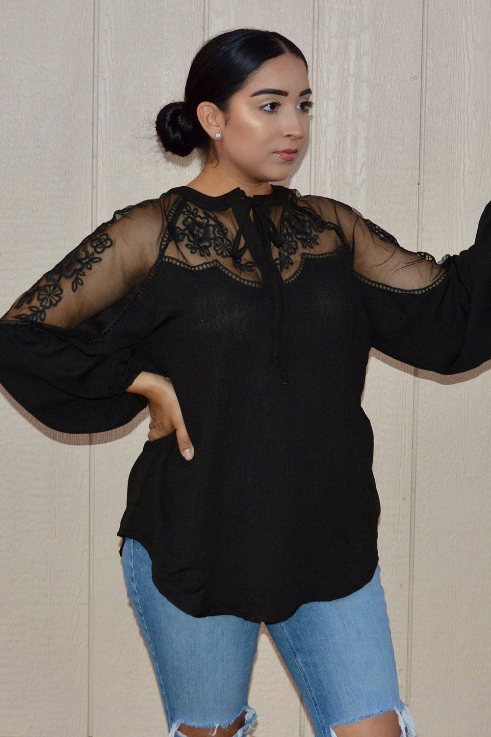 Blouse for Women Chic Black Formal Invitation Lace-Trimmed