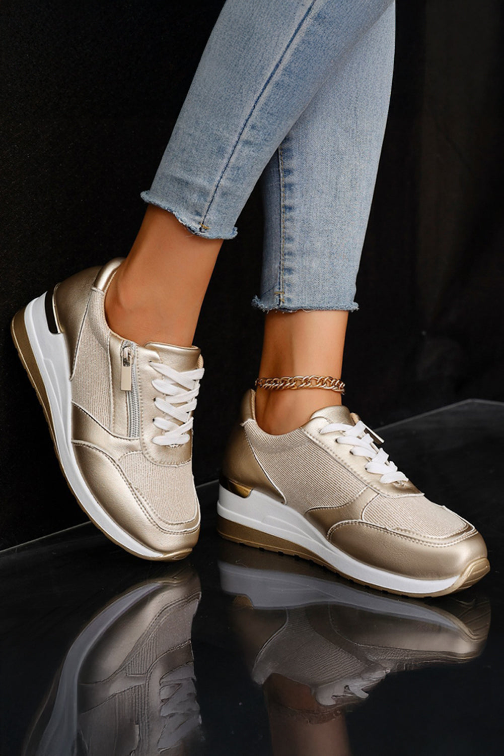 PU Leather Patchwork Zip Lace-up Sneakers