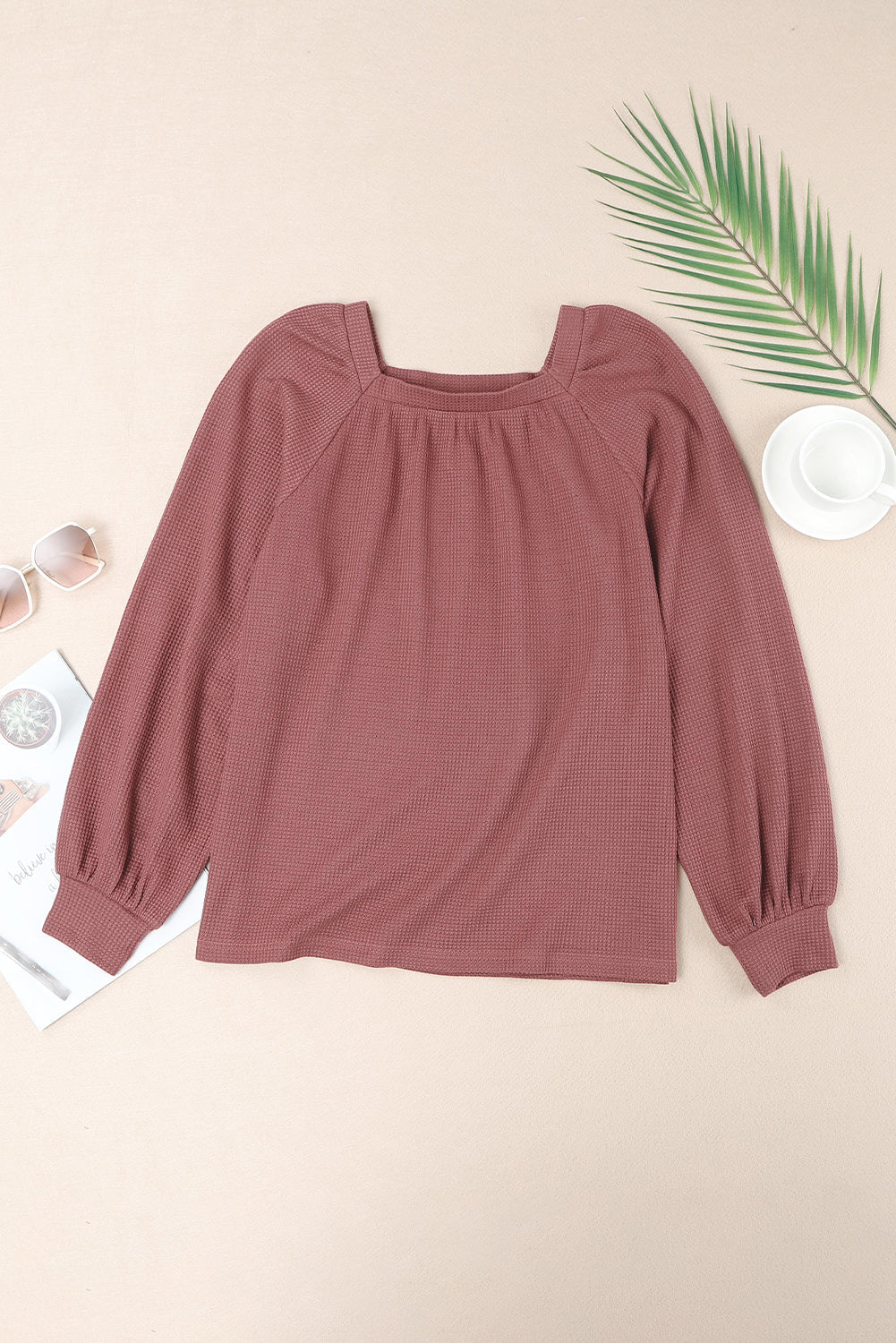 Women's Knit Top with Waffle Balloon Sleeve