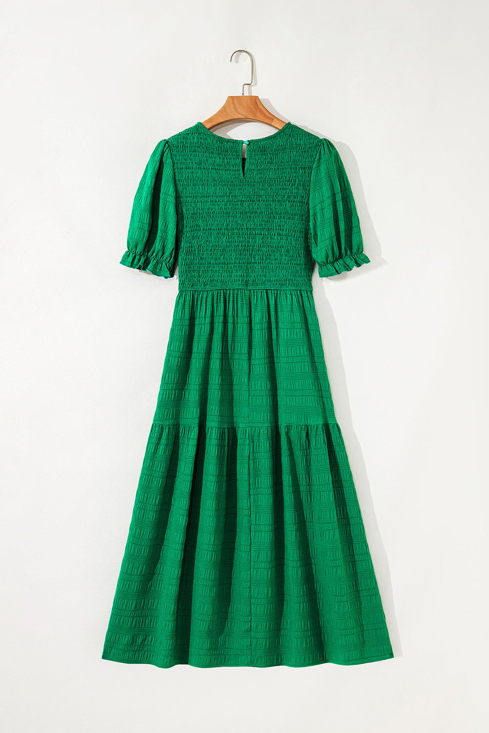 Smocked Puff Textured Puff Short-Sleeved High-Waisted Long Dress in Dark Green