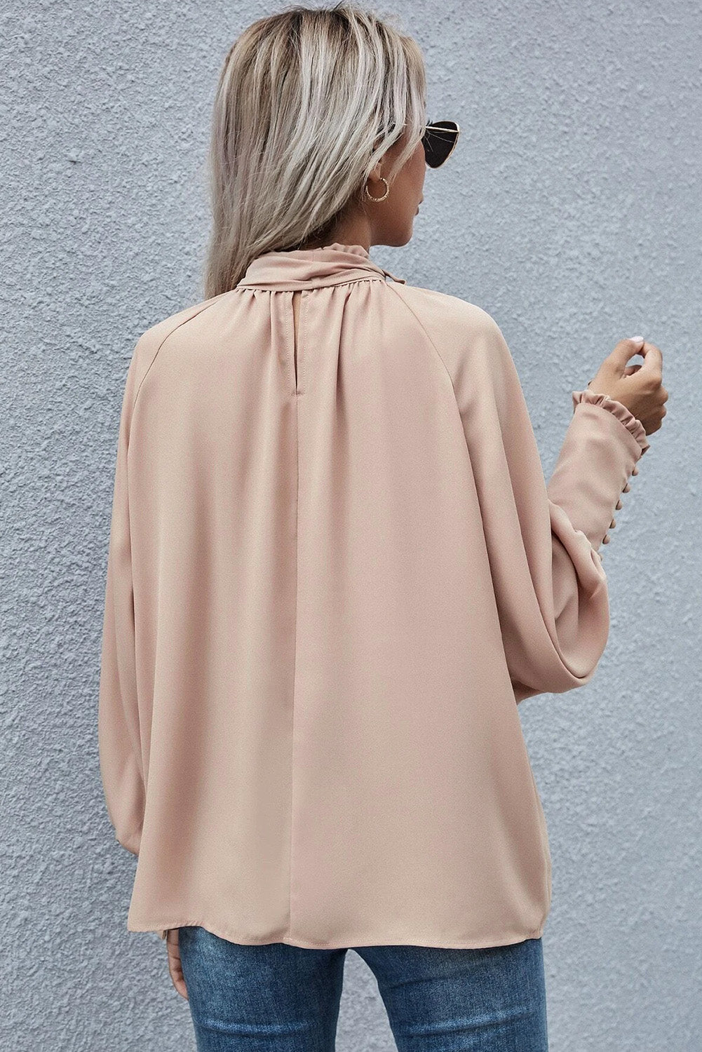 Blouse for Women Mock Neck Frill-Trimmed Knotted