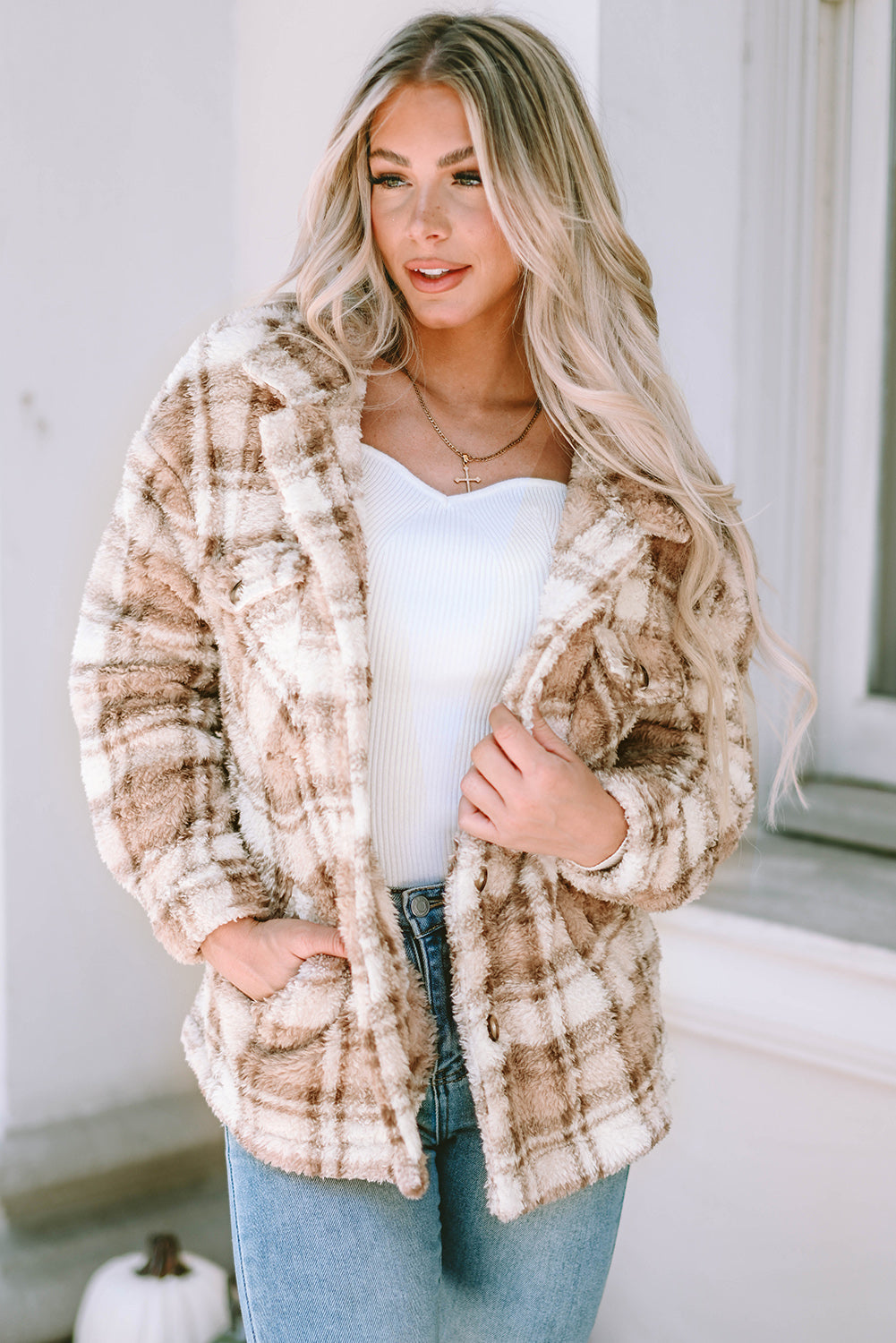 Women's Jacket with Sherpa Plaid Button