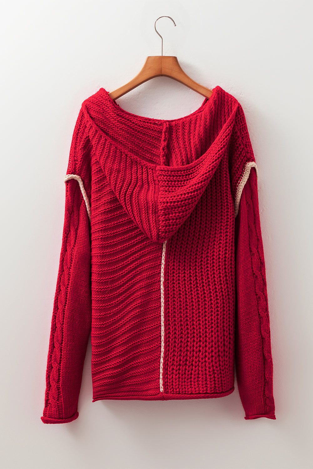 Contrast Trim Color Trim Textured Knit Drawcord Hooded Knit Top