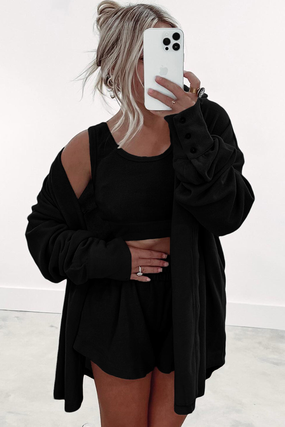 3 Tank Pcs Crop Top Shorts with Cardigan Lounge Set in Black