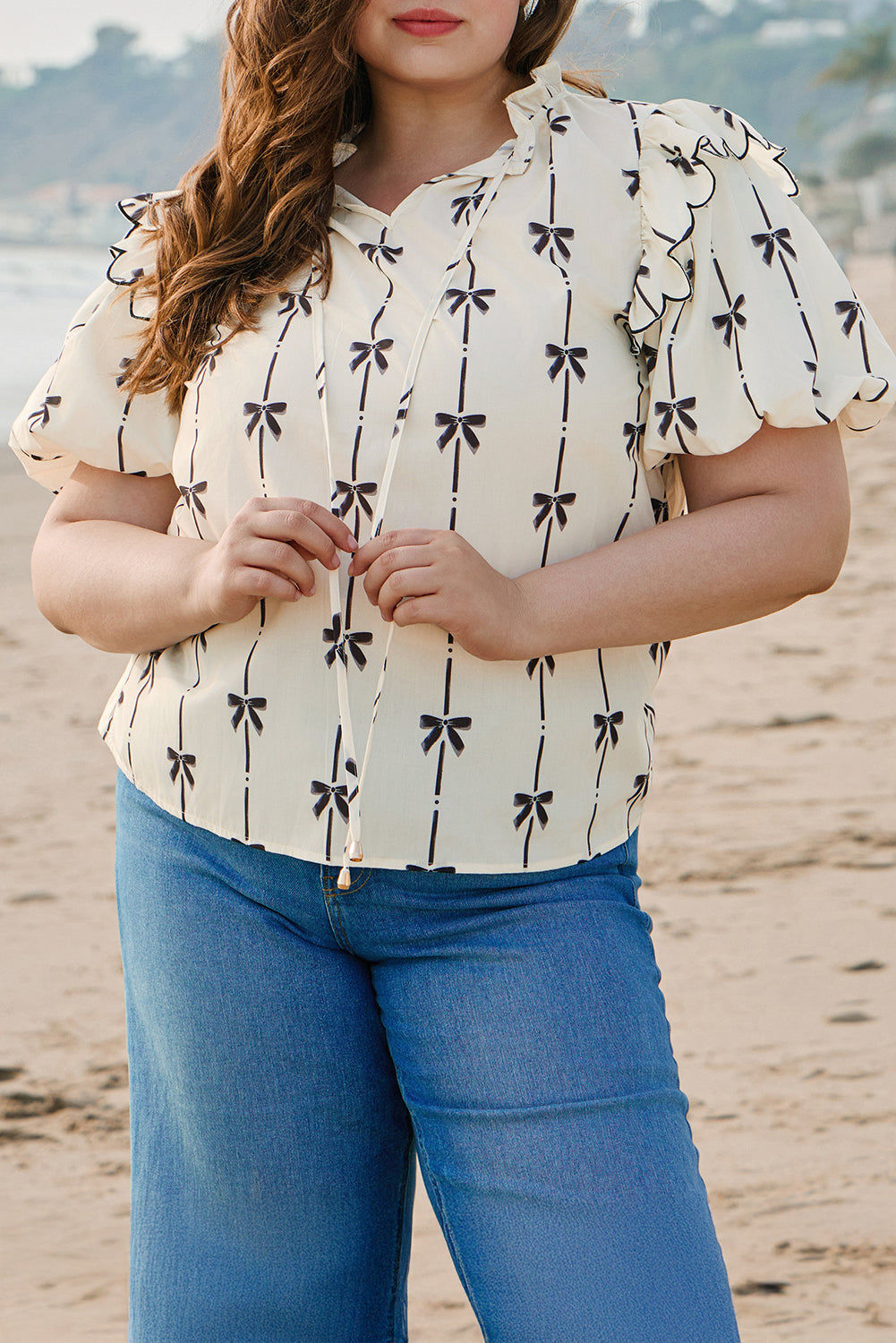 Bow Printed Ruffled Lace-up Notched Neck Plus Size Blouse