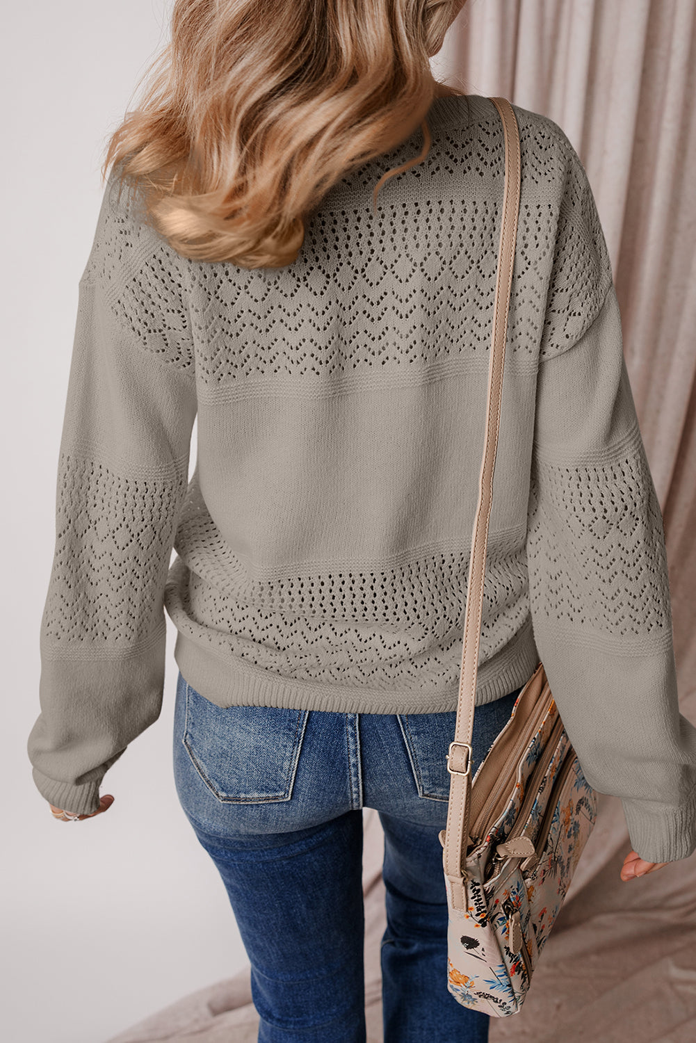 Eyelet Pattern Detail V Neck Drop Shoulder Sweater