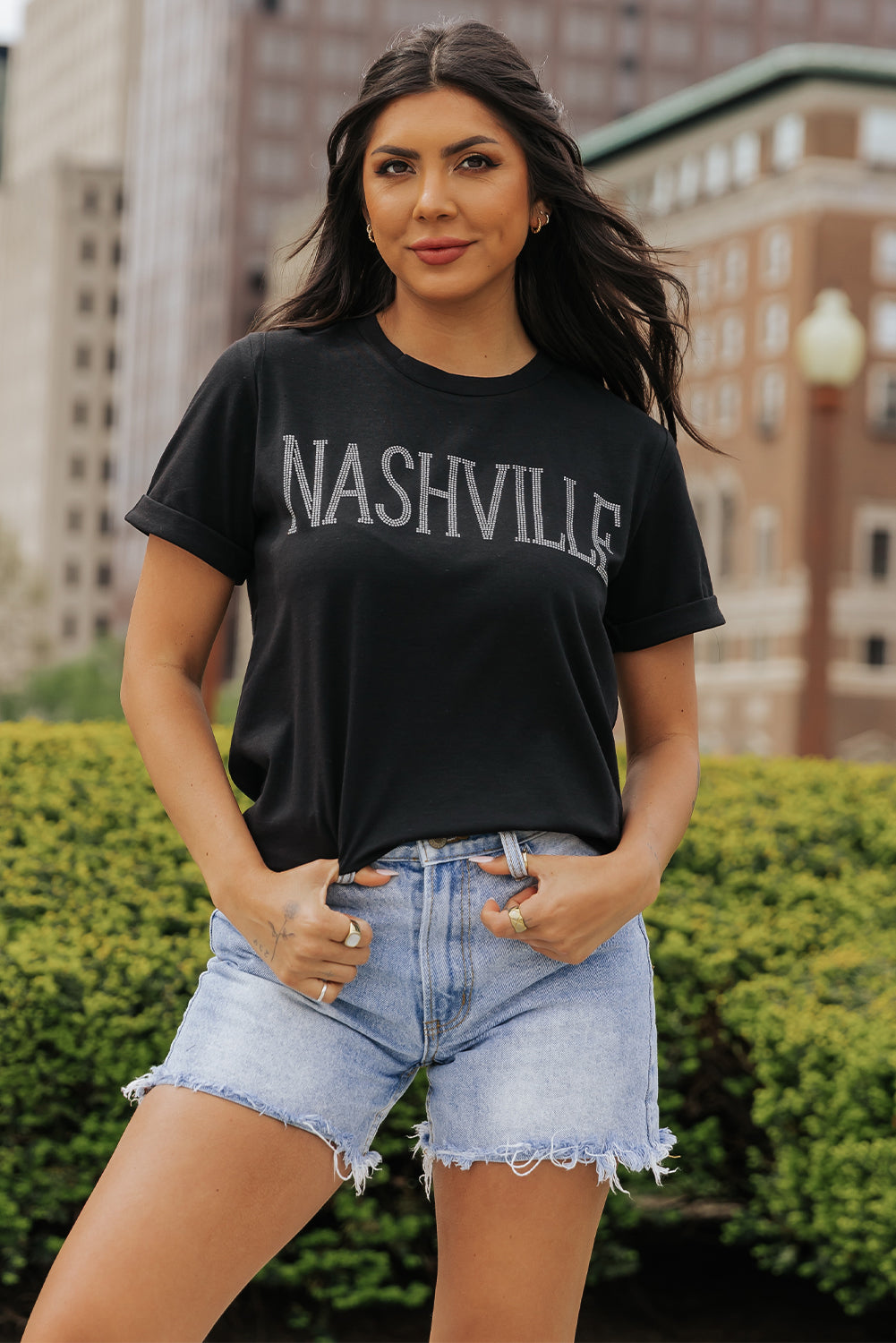 Women's T Shirt with Crew Neck Rhinestone NASHVILLE Graphic-Print