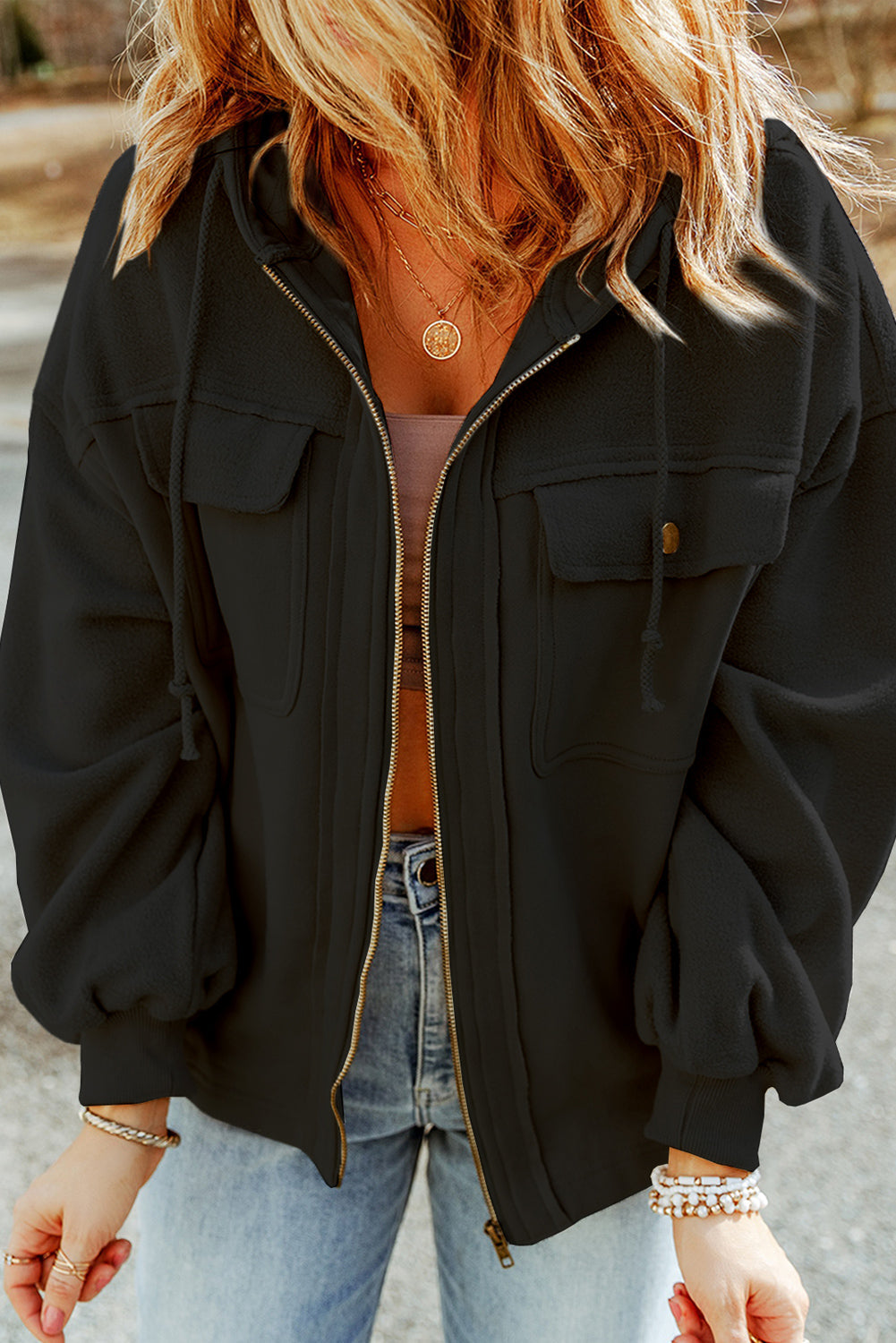 Jacket for Women Zip Up Drawcord Hood