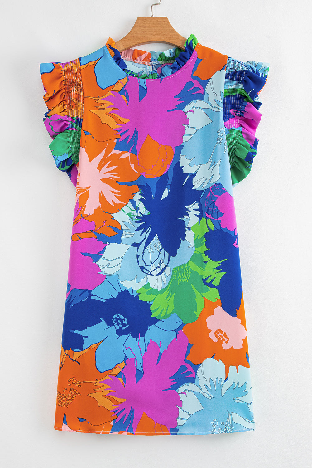 Bold Floral Flutter Sleeve Shift Mini Dress with Pockets