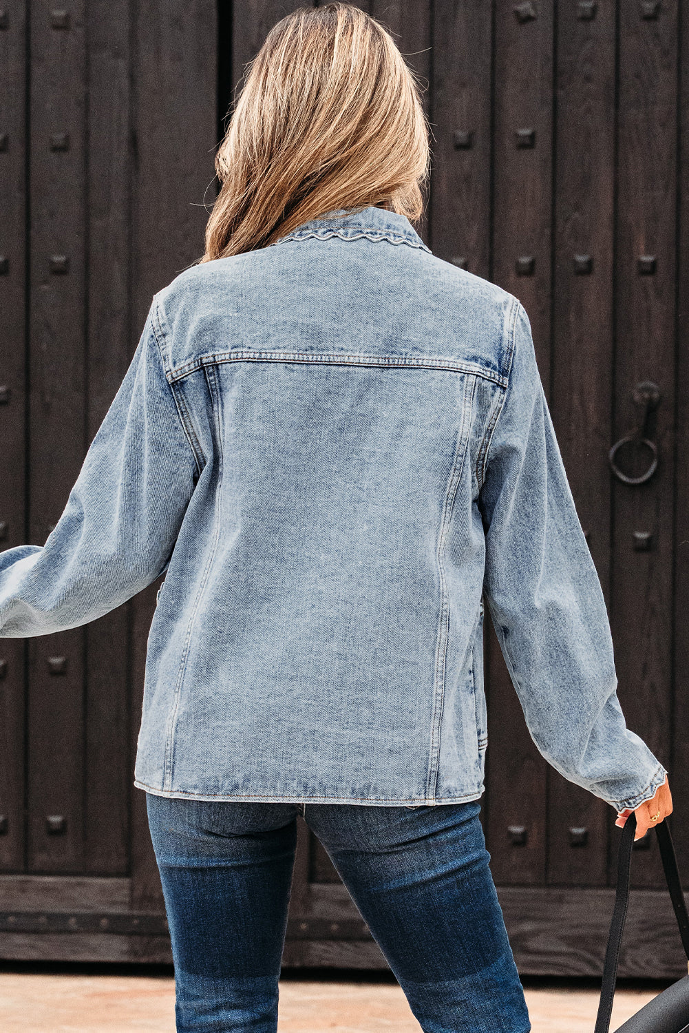 Scallop Patched Trim Collar Pocket Button-Front Denim Jacket
