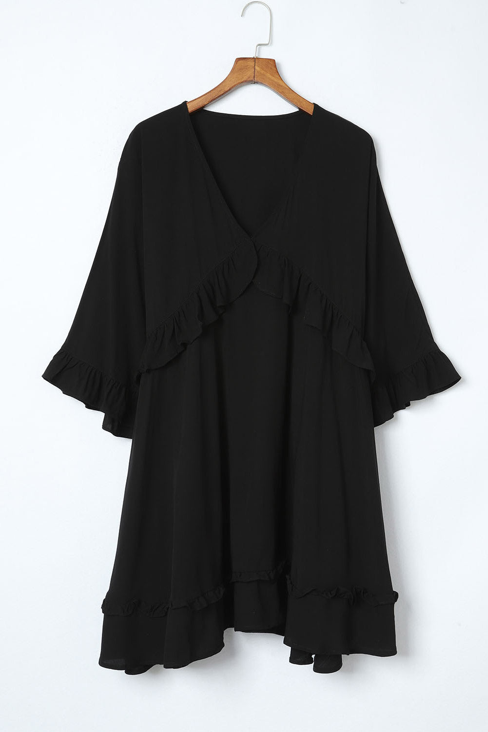 Women's Mini Dress Featuring Babydoll Ruffle-Trimmed Three-Quarter Sleeve