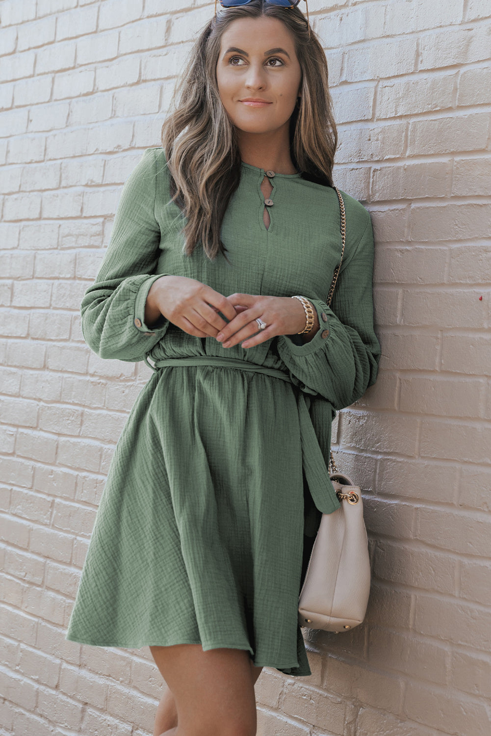 Women's Mini Dress with Button Neck Belted Pleat-Detail