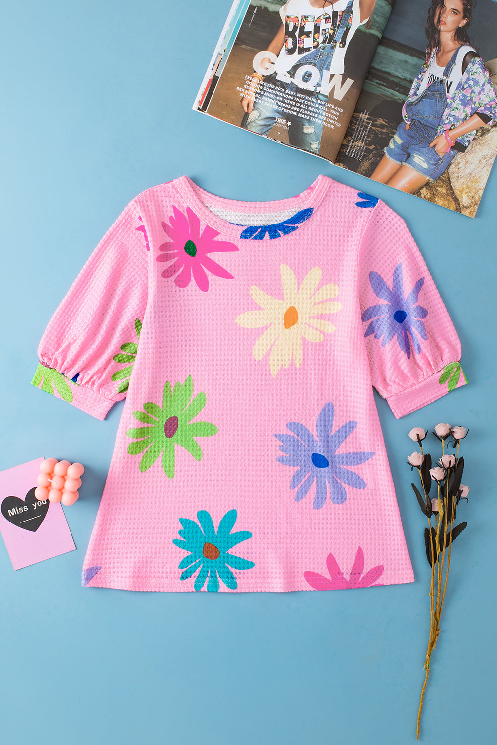 Women's Print Balloon Sleeve Floral-Print T Shirt