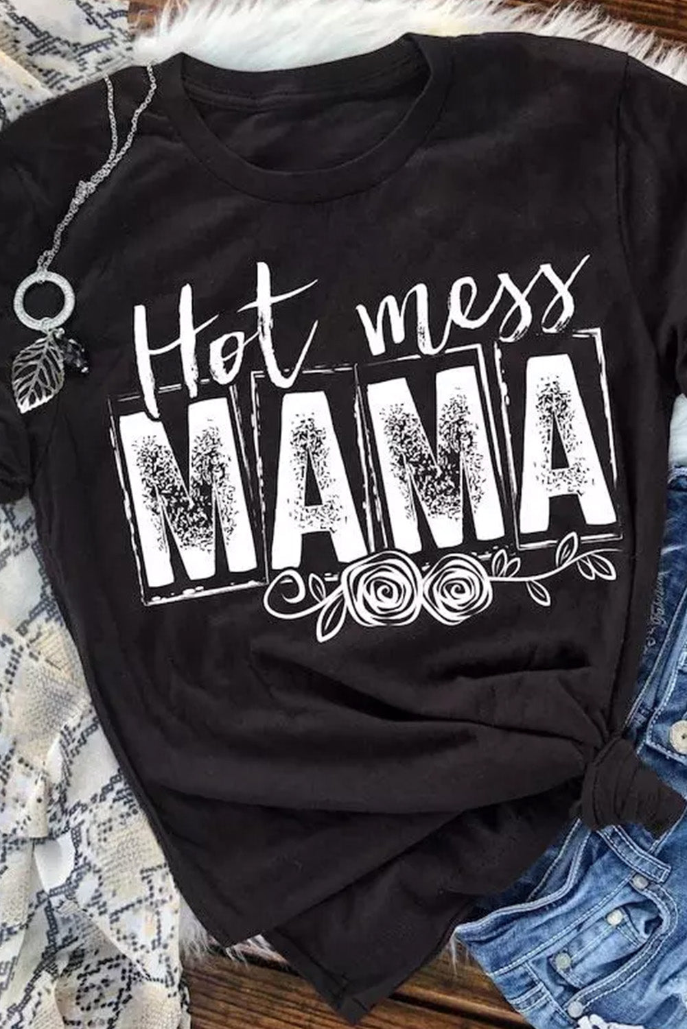Women's T Shirt with MAMA Hot Mess Graphic-Print Print Short-Sleeve