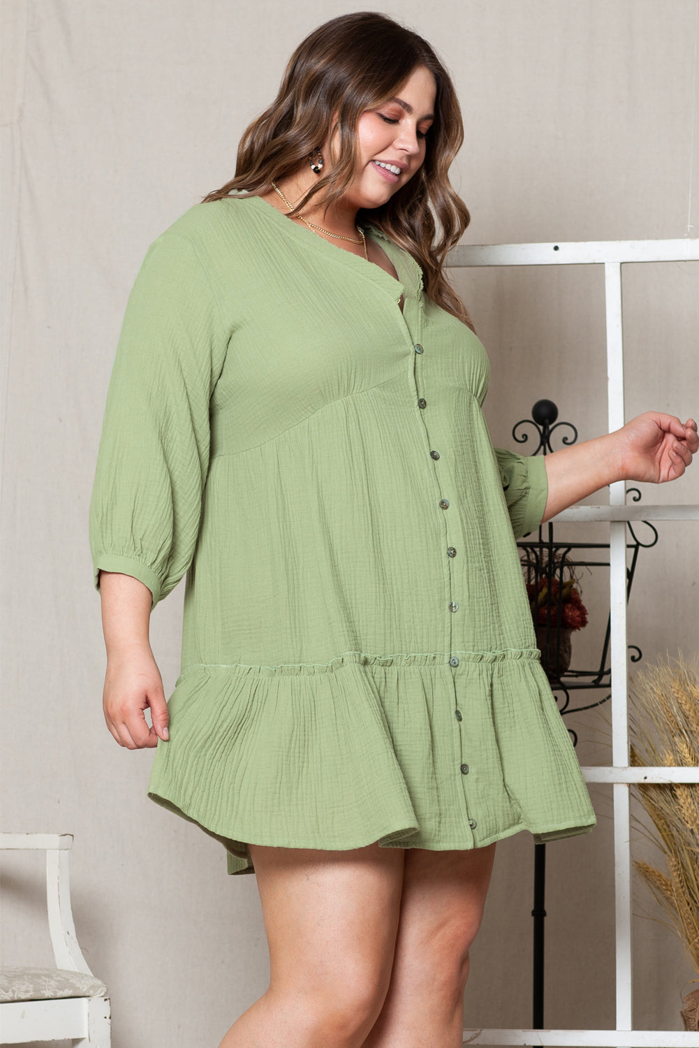 Women's Mini Dress with Ruffle-Trimmed V Neck Plus Size