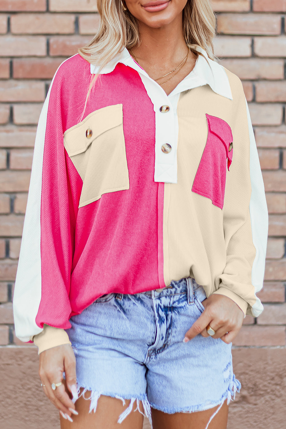 Colorblock Ribbed Collared Oversized Sweatshirt