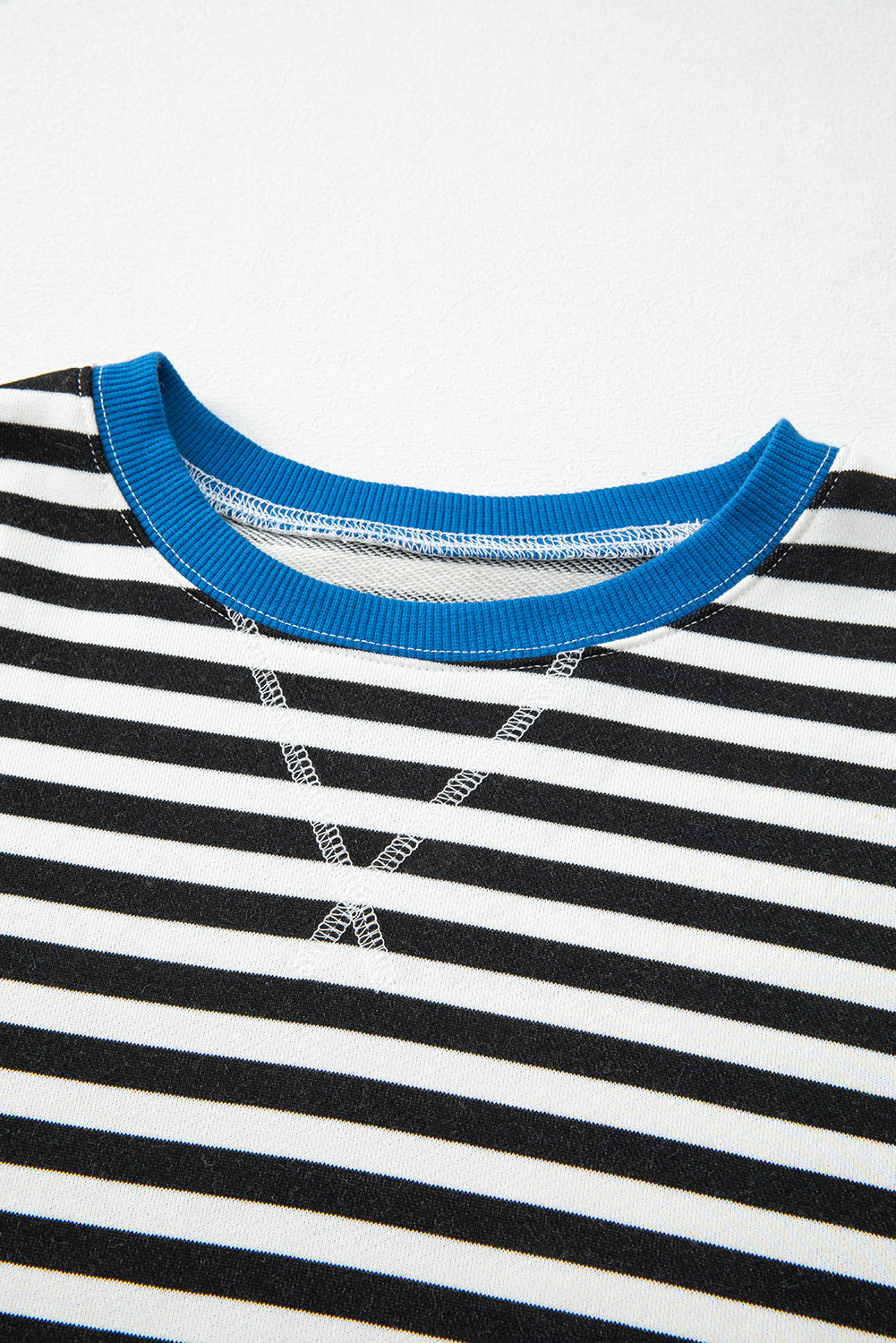 Striped Contrast Rib-Knit Trim Crossed Stitch Drop-Shoulder Sweatshirt
