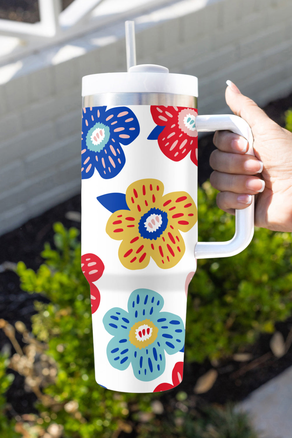Pattern Stainless Flower Stainless Vacuum Cup with Handle 40oz