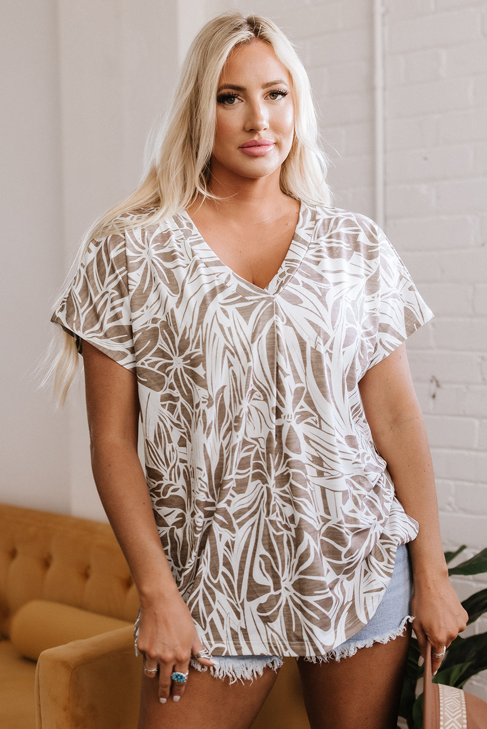 Floral Print V Neck Short Sleeve Loose Fit Blouse