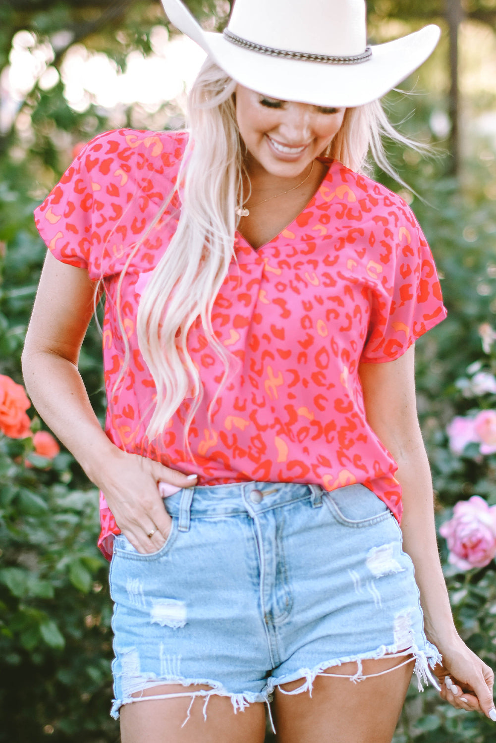 Women's Blouse Featuring Short-Sleeve Leopard-Print V Neck