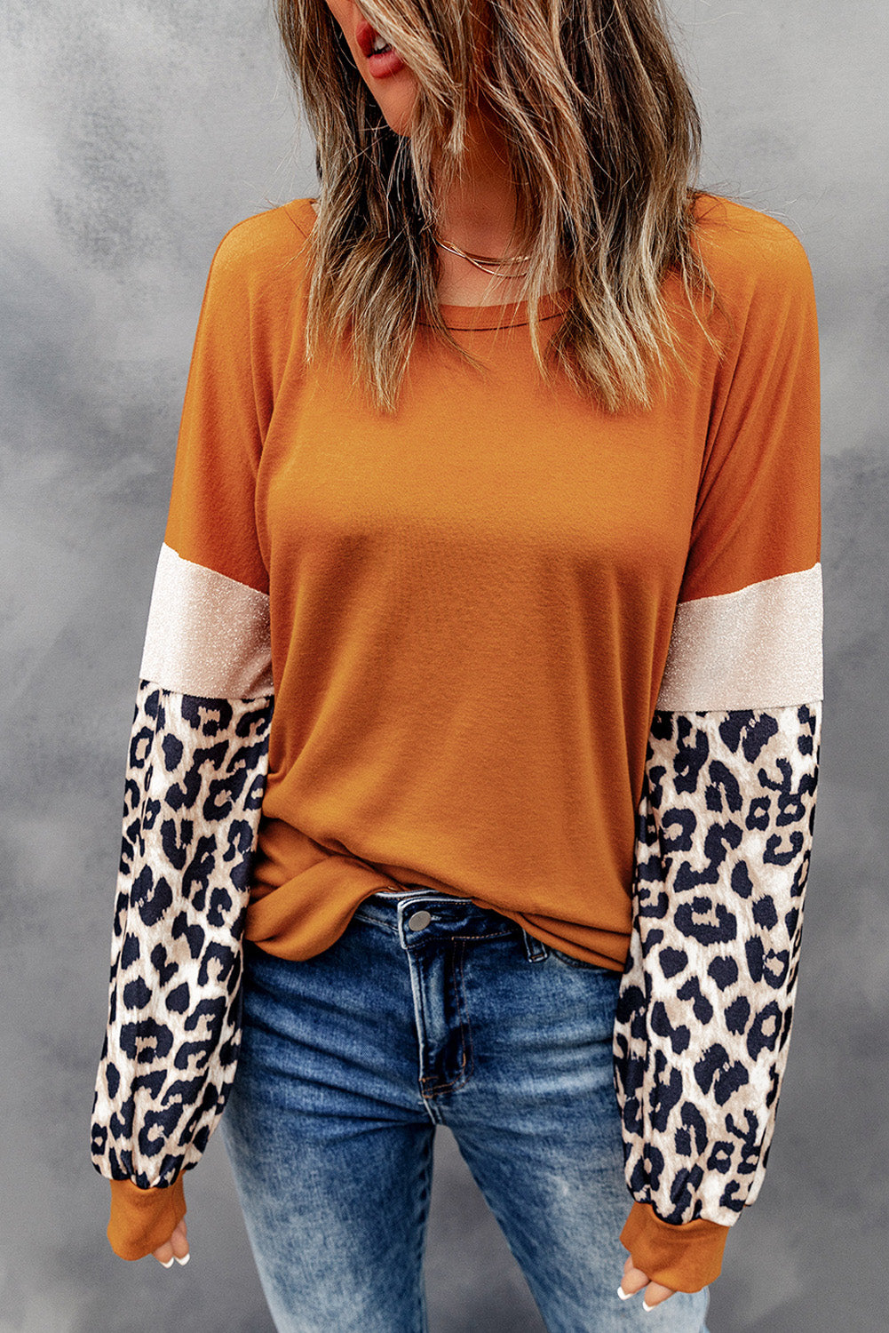Women's Top with Patchwork Long-Sleeve Leopard-Print
