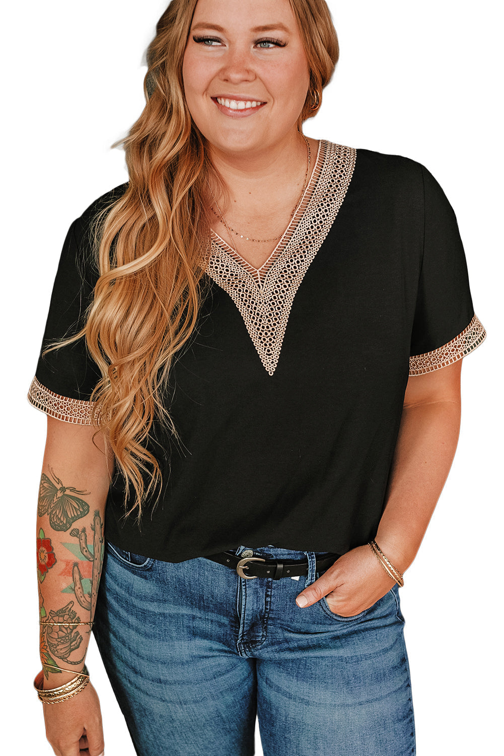 Women's Plus Size Lace-Trimmed Trim V Neck Top