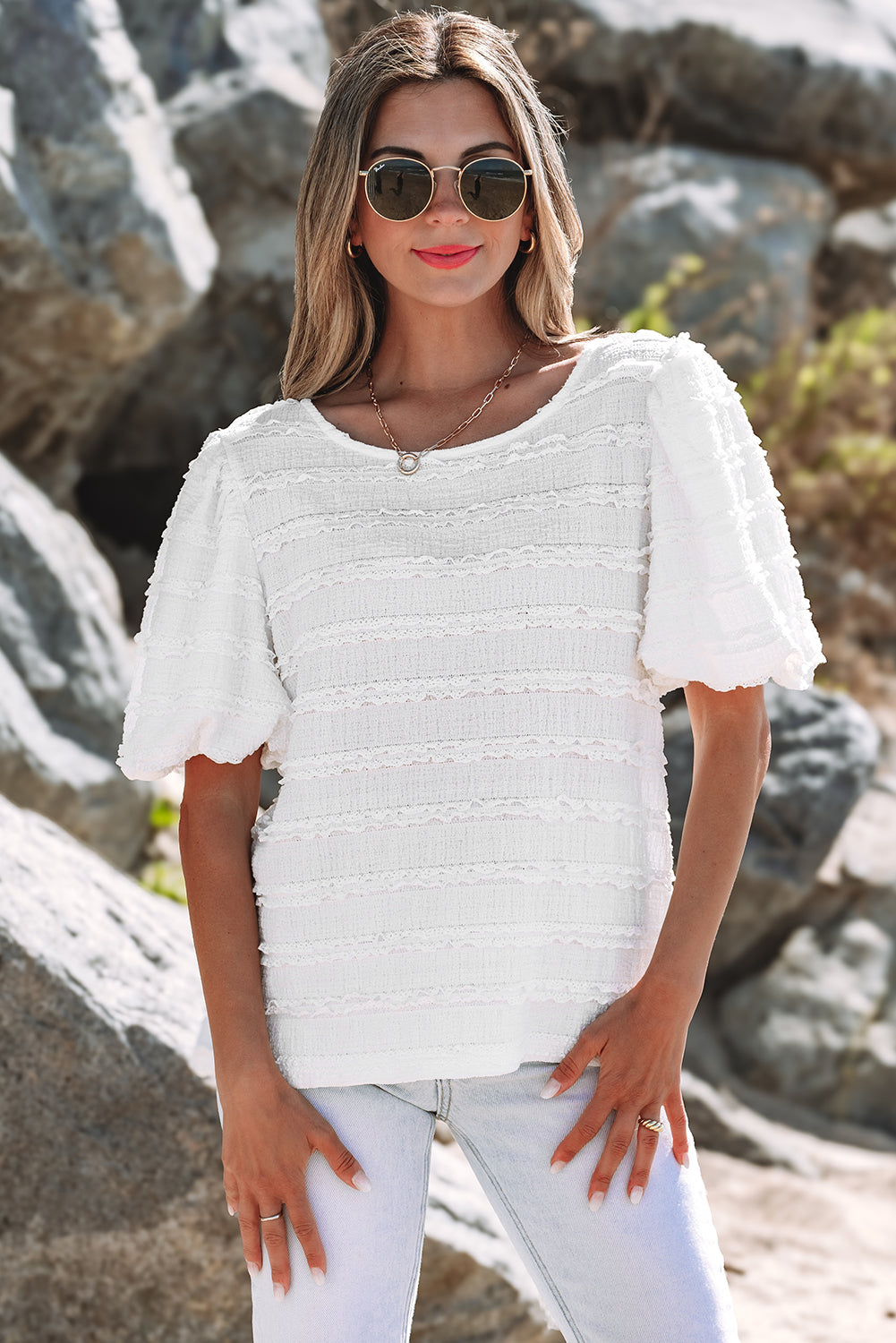 Frilled Lace Trim Bubble Sleeve Blouse