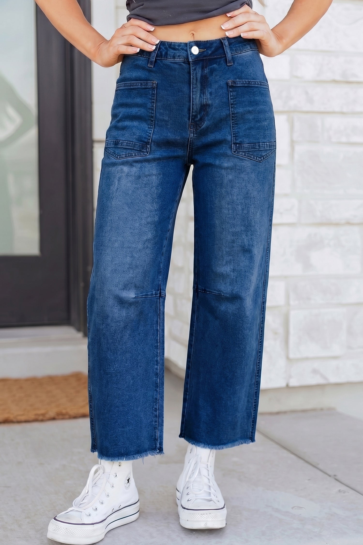 Blue Frayed Sail Frayed Cropped Straight Jeans