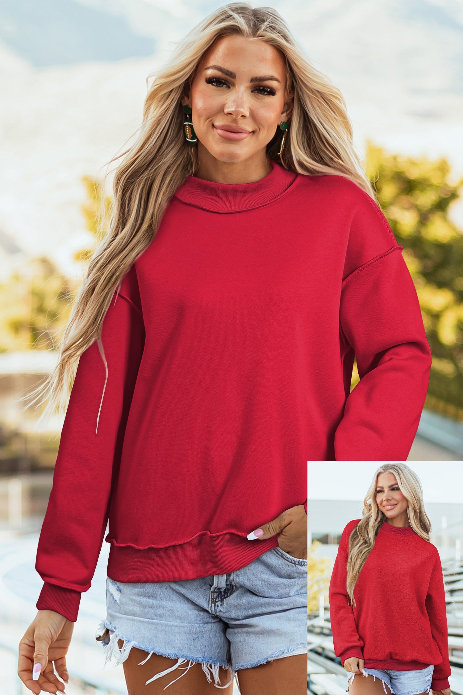 Oversize Sweatshirt Reversible Mock-Neck in Red