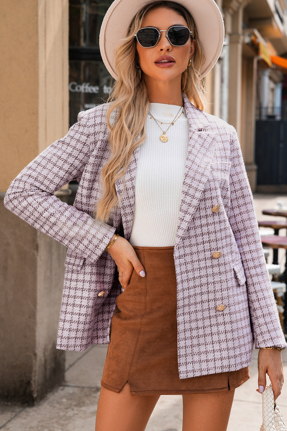 Refined Tweed Plaid Blazer in Burgundy