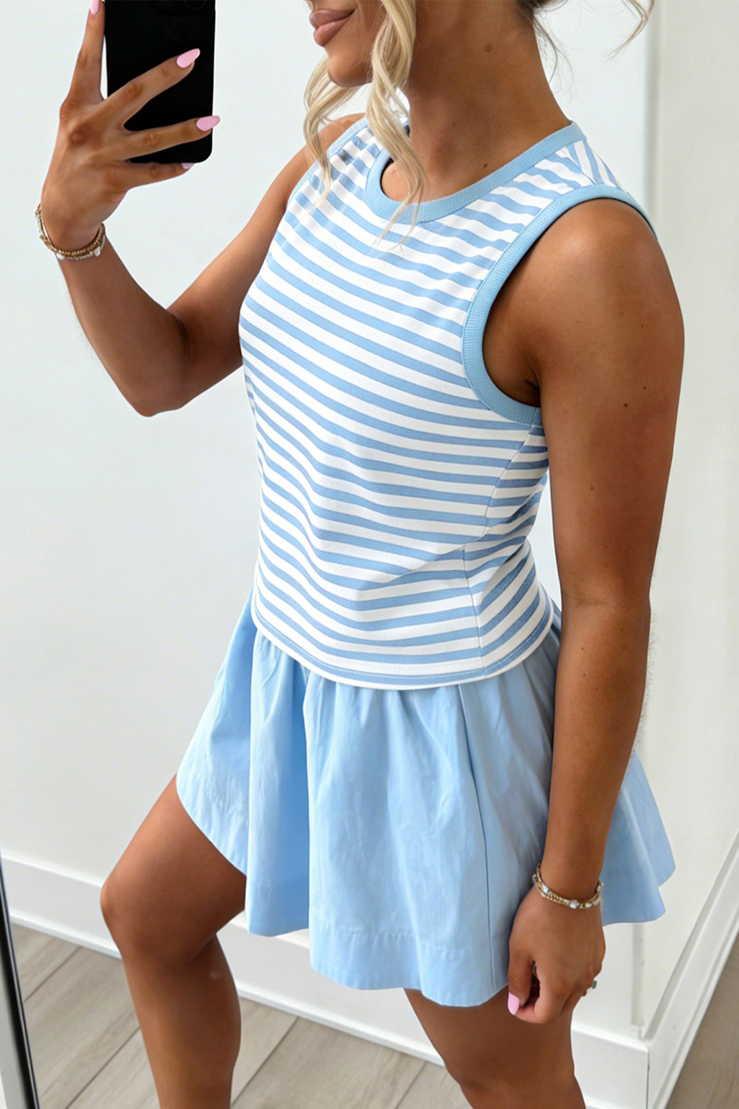 Cute Sky Blue Stripe Slim Tank Contrast Ruffle Mini Skort Set