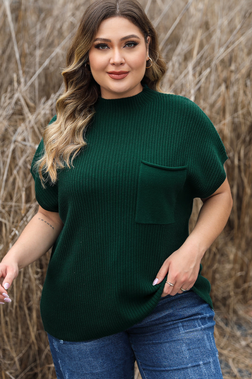 Sweater for Women Plus Size Mock Neck Short-Sleeve