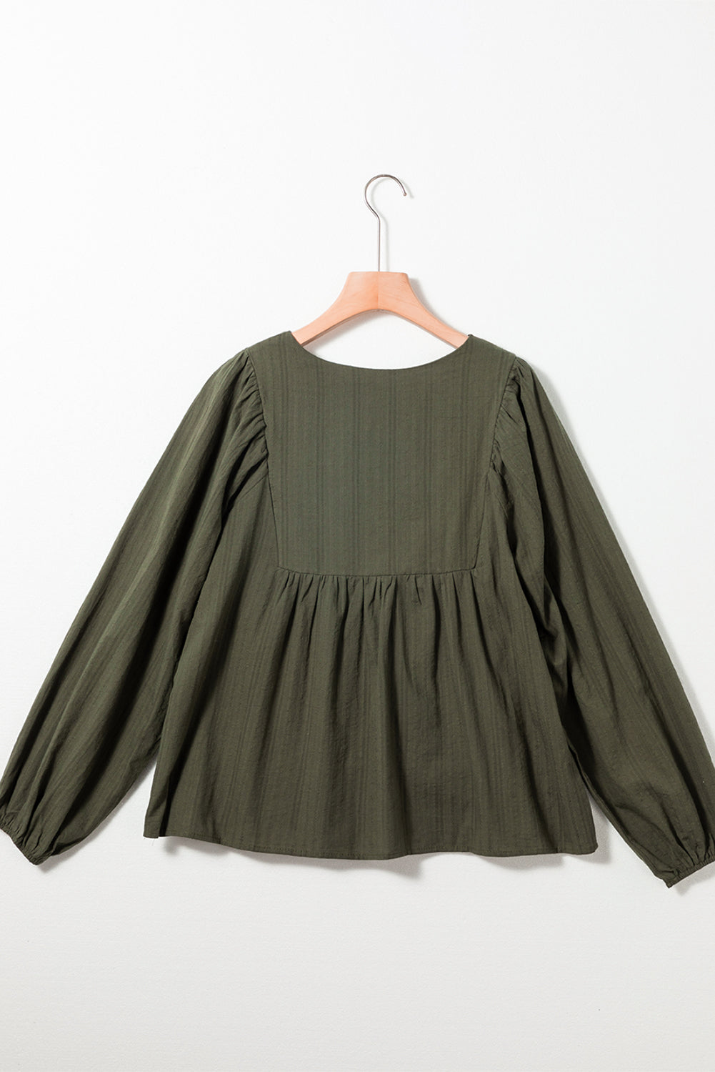 Women's Blouse with Green Split Neck Pleat-Detail Loose