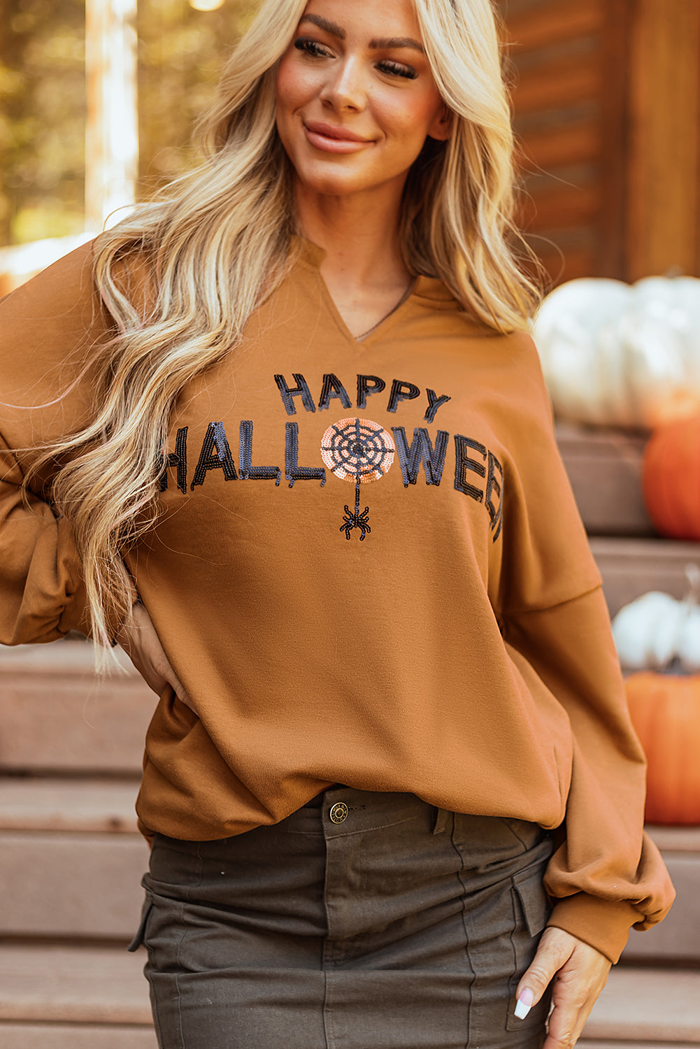 Halloween Sequin Happy Graphic Notched Neck Long-Sleeved Loose Top