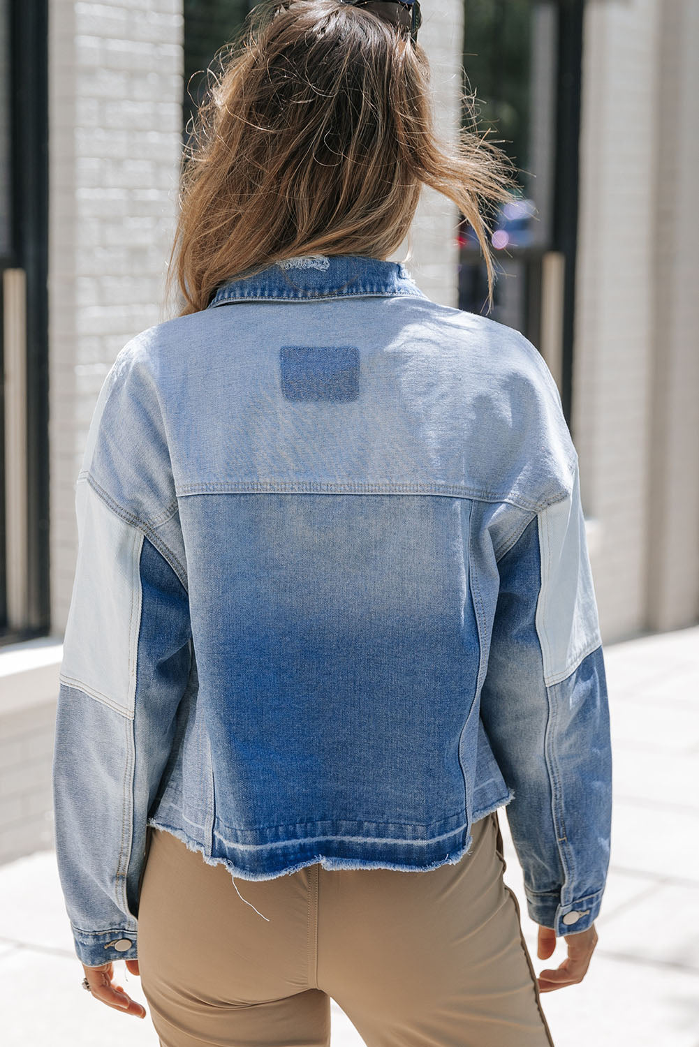 Women's Jacket Featuring Color-Block Denim Patchwork Frayed Hem
