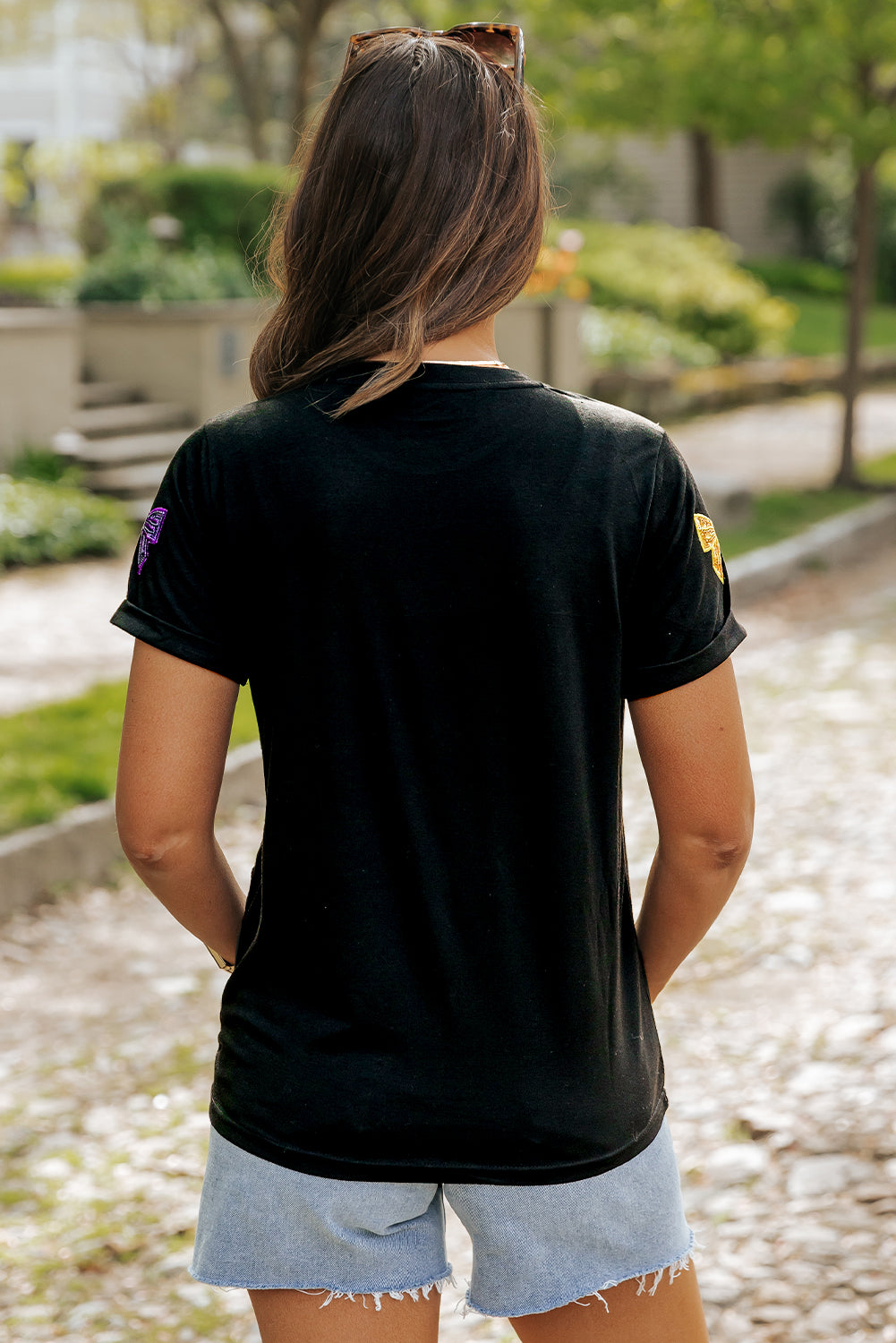 Women's T Shirt with Mardi Gras Sequin Bow Knot-Detail Crew Neck