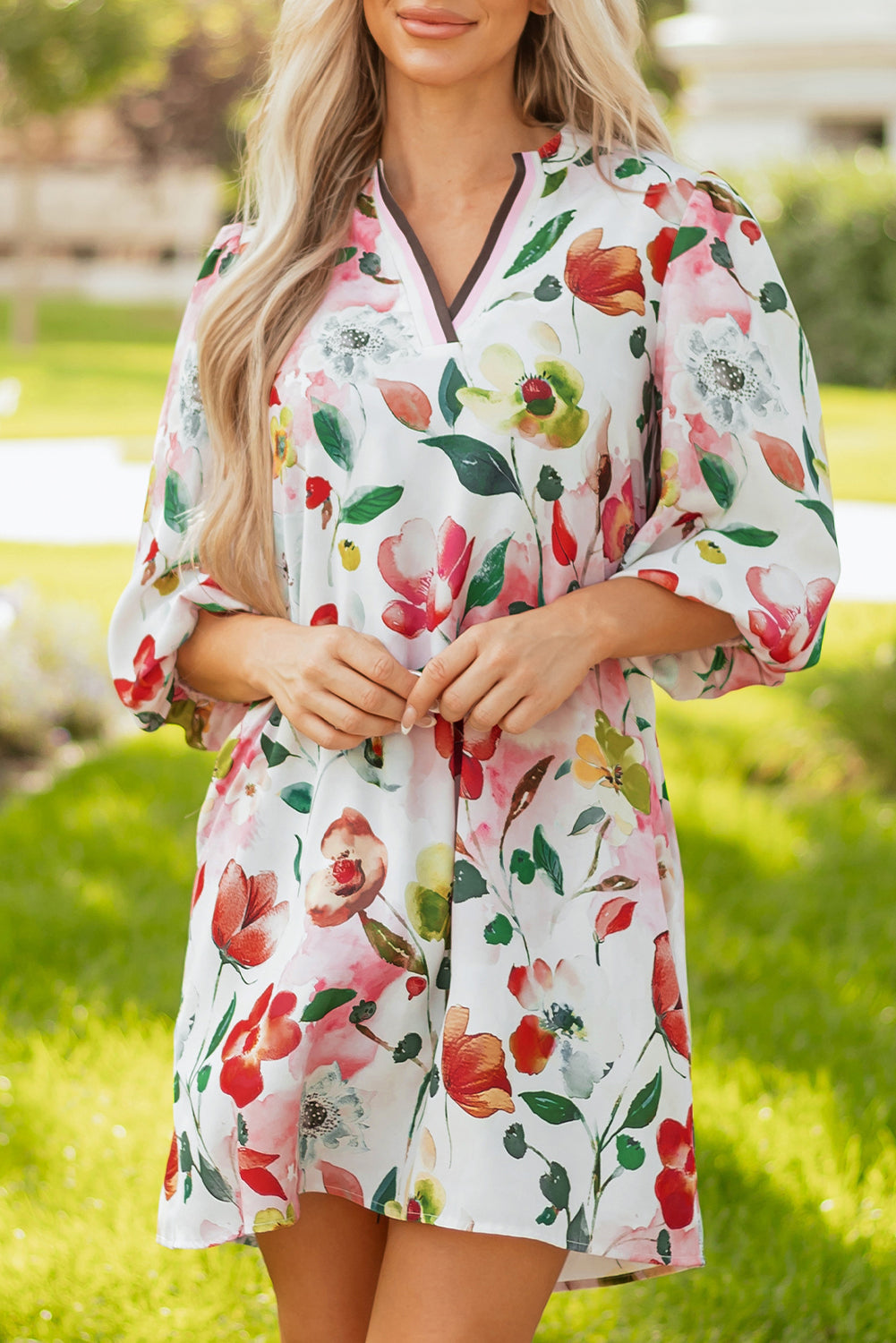 Floral V-Neck Contrast Striped Puff Half Sleeve Shift Dress