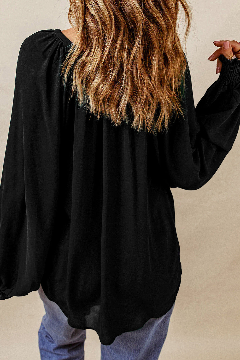 Women's Blouse with Pleat-Detail V Neck Puffy Sleeve