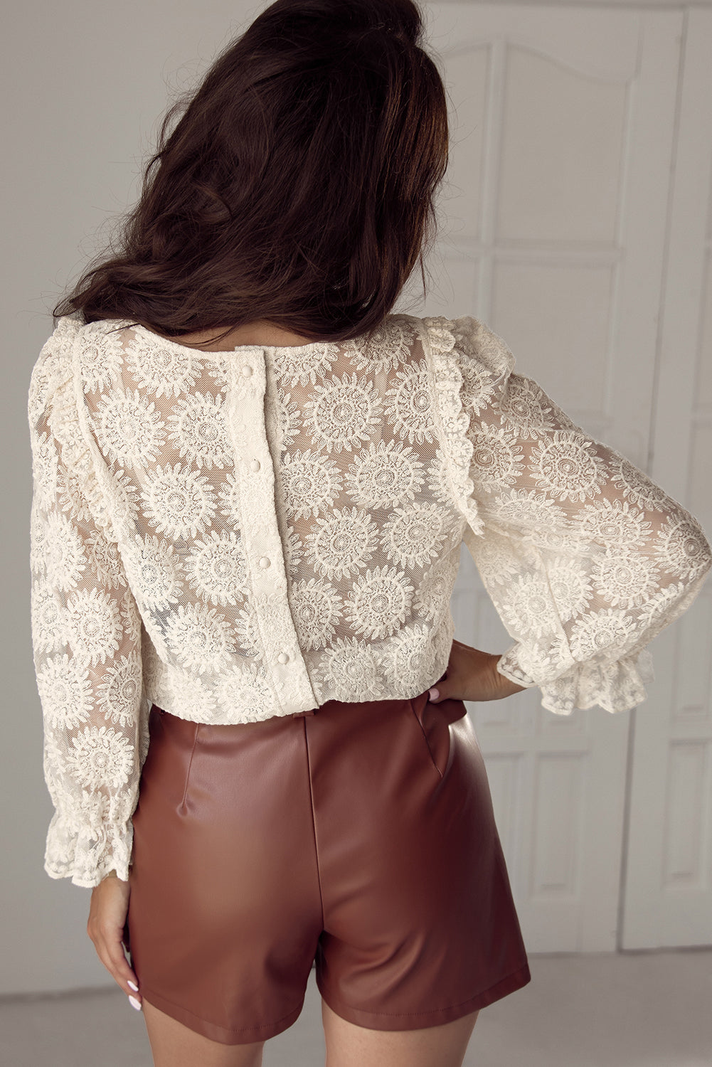 Women's Blouse with Ruffle-Trimmed Three-Quarter Sleeve Button Back