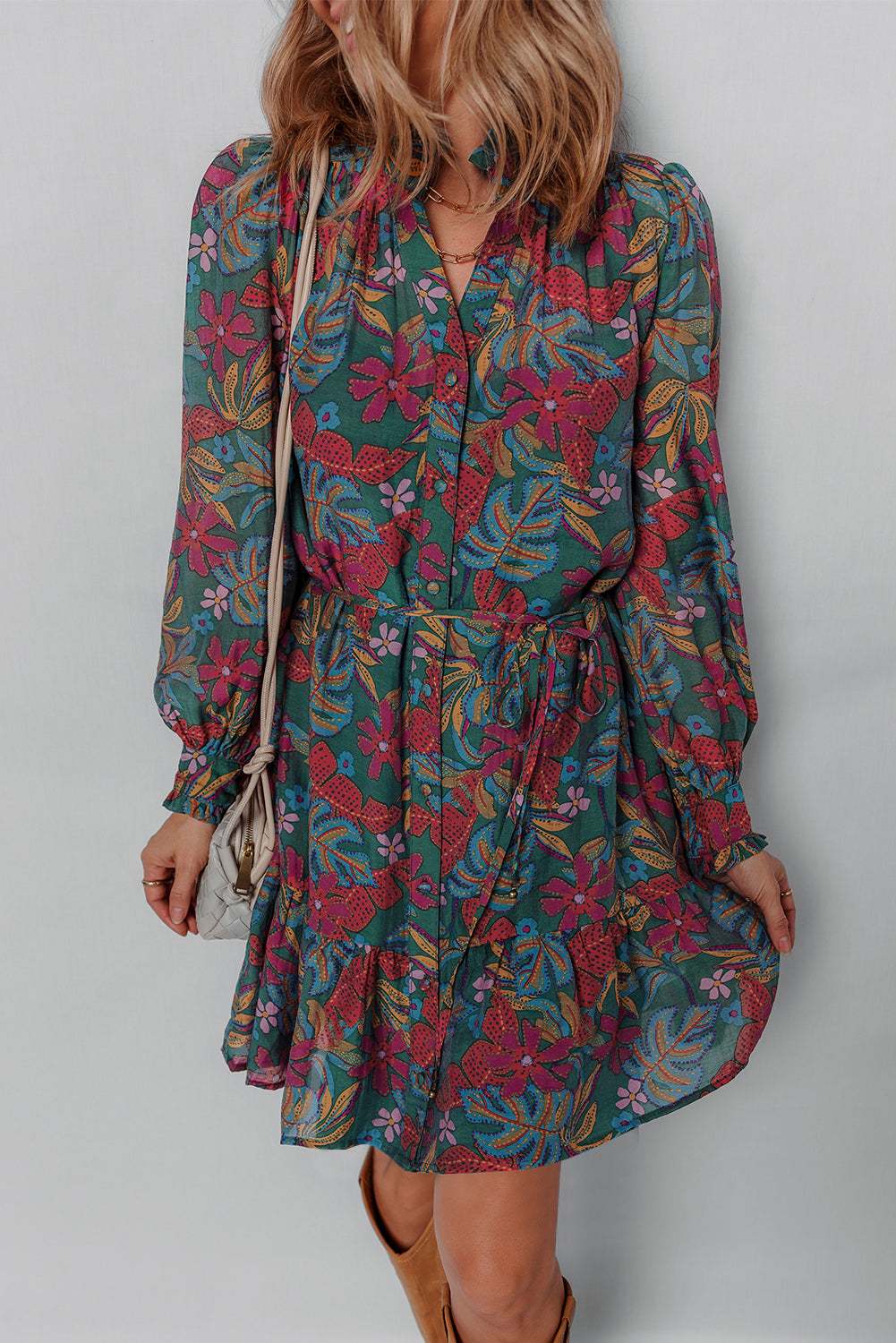 V-Neck Floral Friled Puff Sleeve Ruffled Shirt Dress