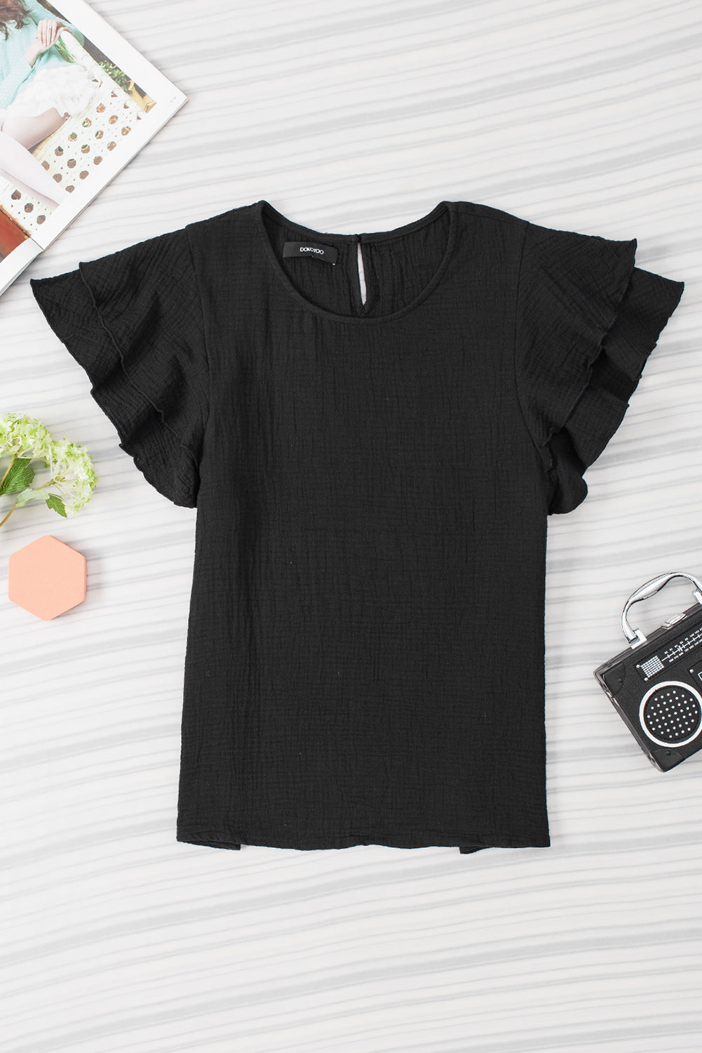 Crinkled Cotton Gauze Ruffle Sleeve Blouse